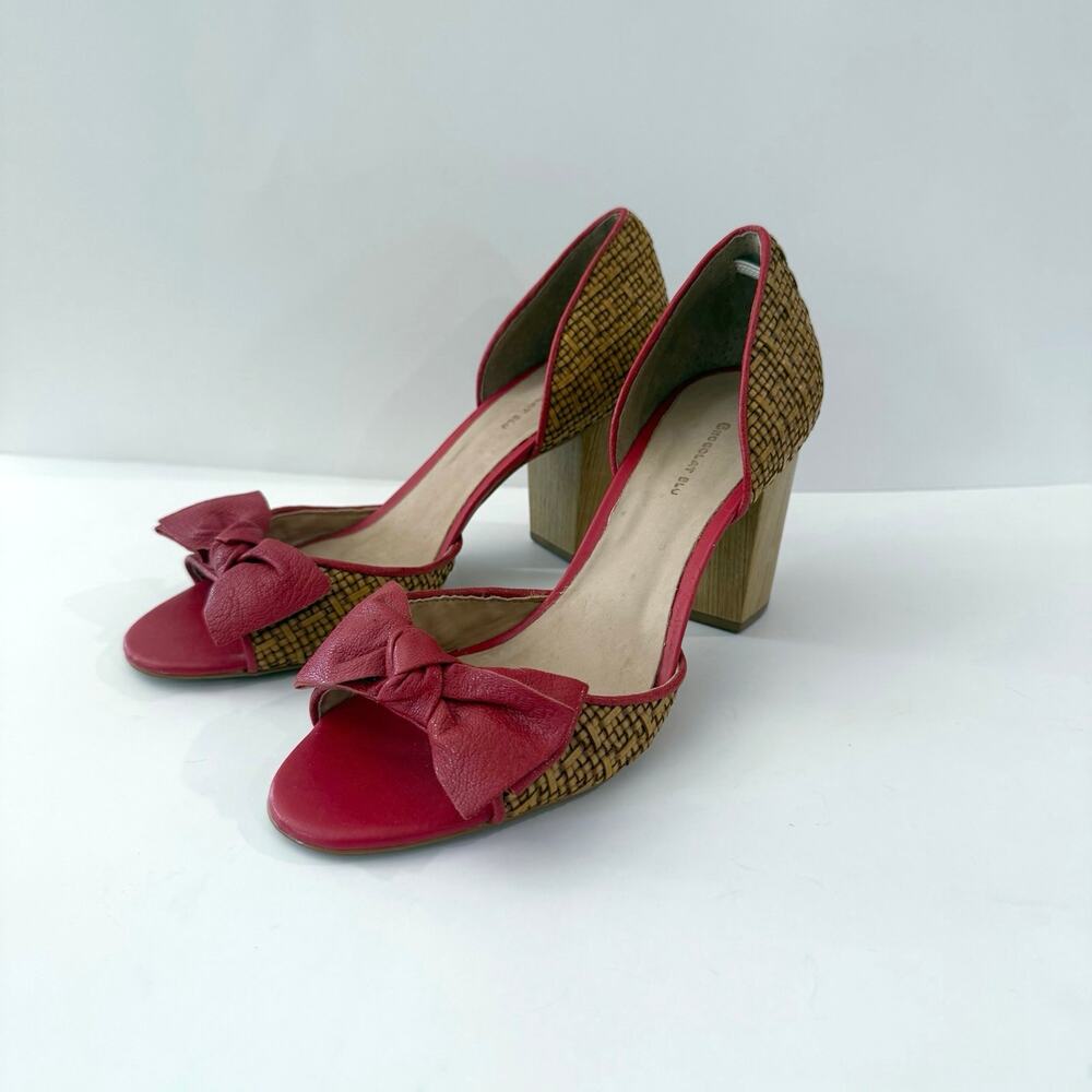 Chocolat Blu Heels Size 37 Red Leather Bow Peep Toe Wood Heel Wicker Brazil